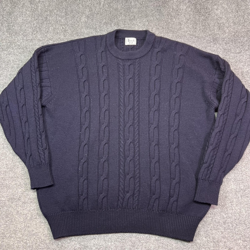 Harrods By Pringle Sweater Mens 2XL Blue 100% Lambswool Cable Knit Scotland